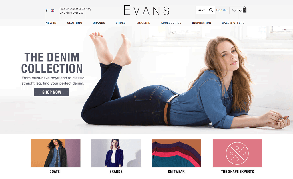 Evans Clothing Homepage Screenshot