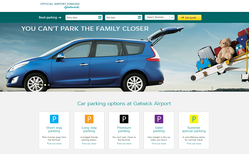Gatwick Airport Parking Homepage Screenshot
