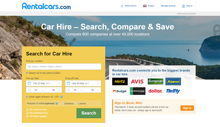 Rentalcars.com Homepage Screenshot