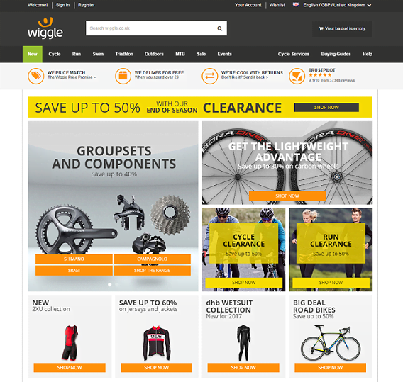 Wiggle Online Bikeshop homepage screenshot