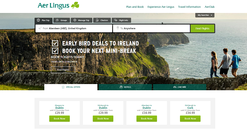 Aer Lingus Homepage Screenshot