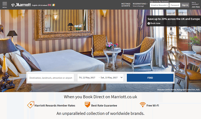Marriott Hotels Homepage Screenshot