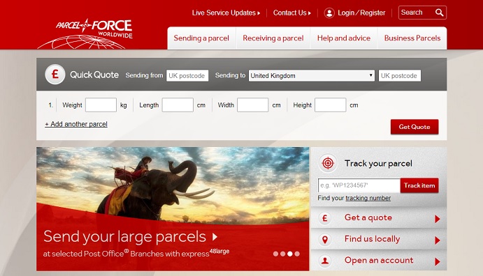 Parcelforce Homepage Screenshot